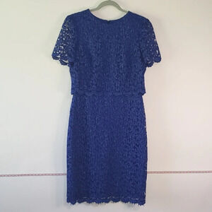 MARINA Pencil Dress Blue Crochet Lace Lined Shimmer Wedding Formal Cocktail Sz 8